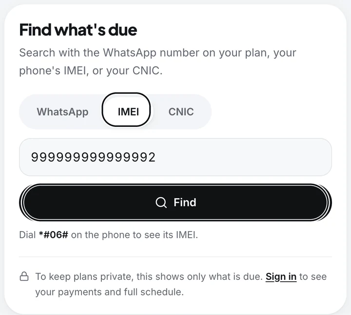 Search with WhatsApp number, IMEI or CNIC.